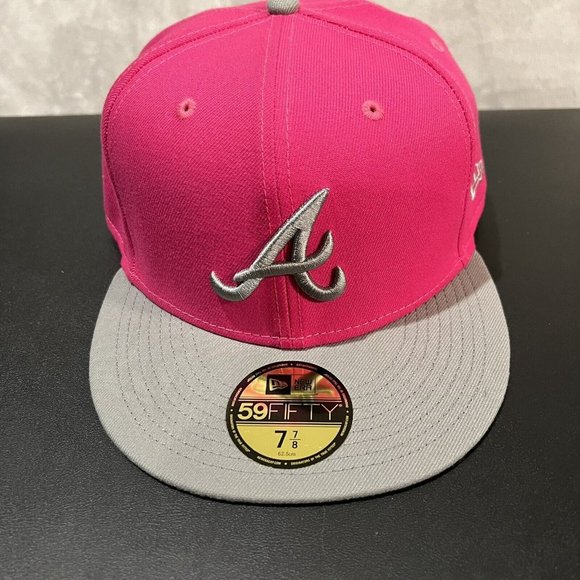 New Era 59FIFTY Atlanta Braves Hat Men's 7 7/8 Pink Gray MLB Baseball Cap - Picture 2 of 8